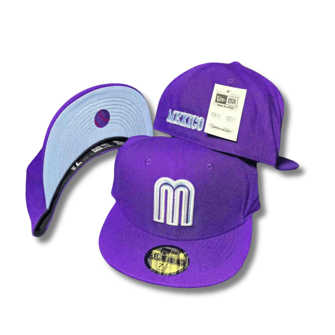 Team Mexico with Iridescent Purple Logo and Sky Blue Underbrim Purple Fitted Cap