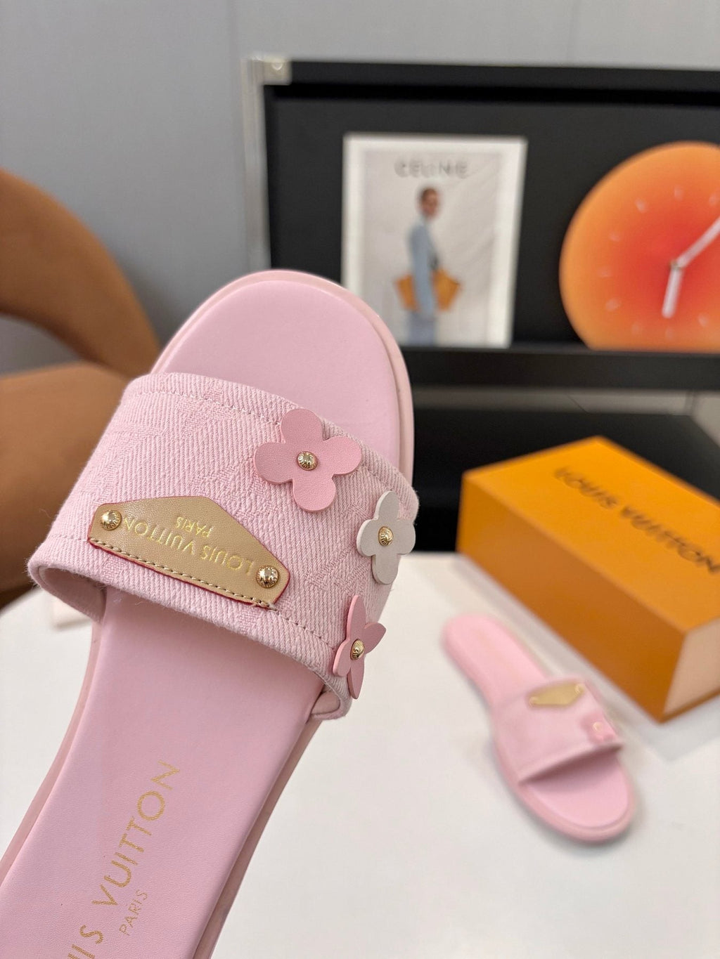 Louis Vuitton Pink Flower Slide Sandals — front